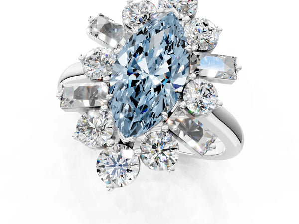 Platinum Fancy Blue Marquise Cut Diamond Cluster Ring with Round and Baguette Stones, Split Shank Band, Prong Setting