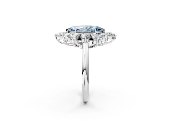 Platinum Fancy Blue Marquise Cut Diamond Cluster Ring with Round and Baguette Stones, Split Shank Band, Prong Setting