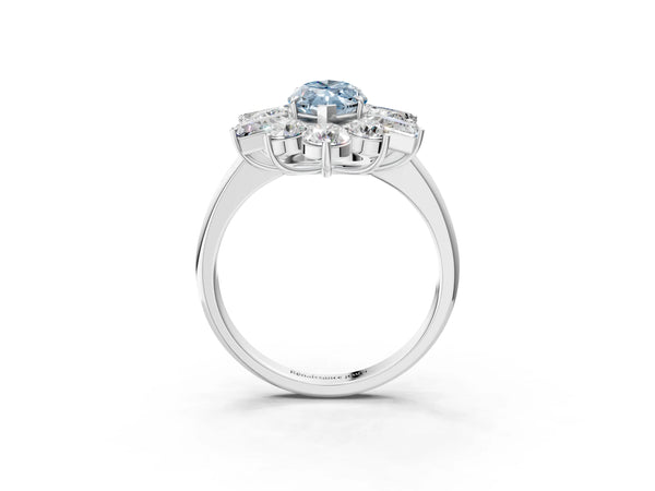 Platinum Fancy Blue Marquise Cut Diamond Cluster Ring with Round and Baguette Stones, Split Shank Band, Prong Setting