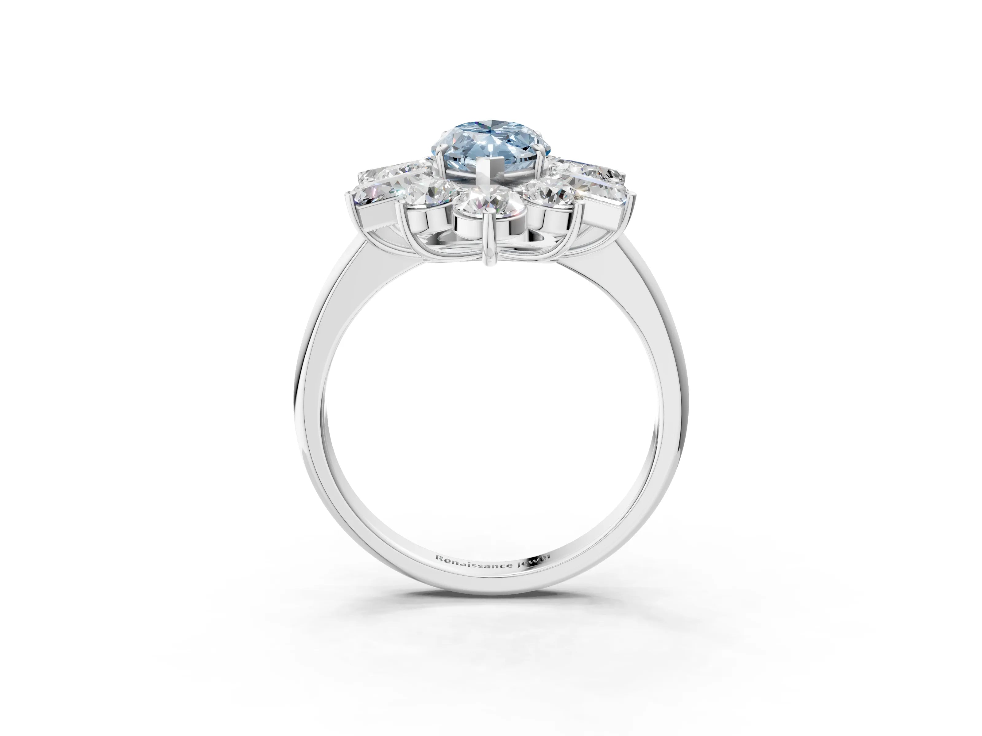 White gold Fancy Blue Marquise Cut Diamond Cluster Ring with Round and Baguette Stones, Split Shank Band, Prong Setting_15