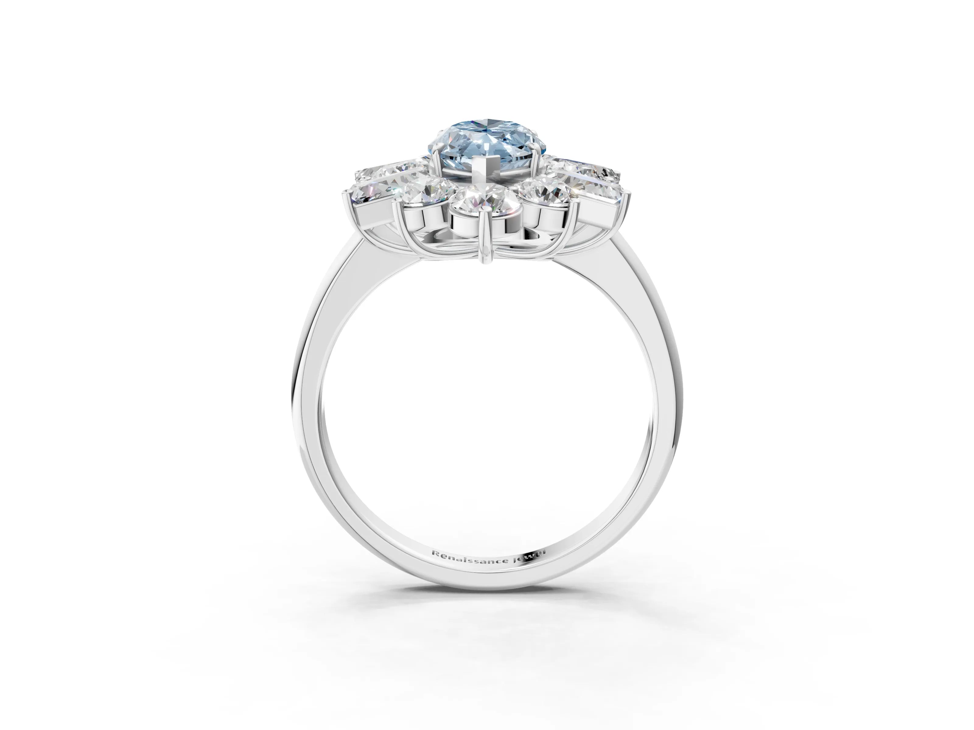 White gold Fancy Blue Marquise Cut Diamond Cluster Ring with Round and Baguette Stones, Split Shank Band, Prong Setting_3