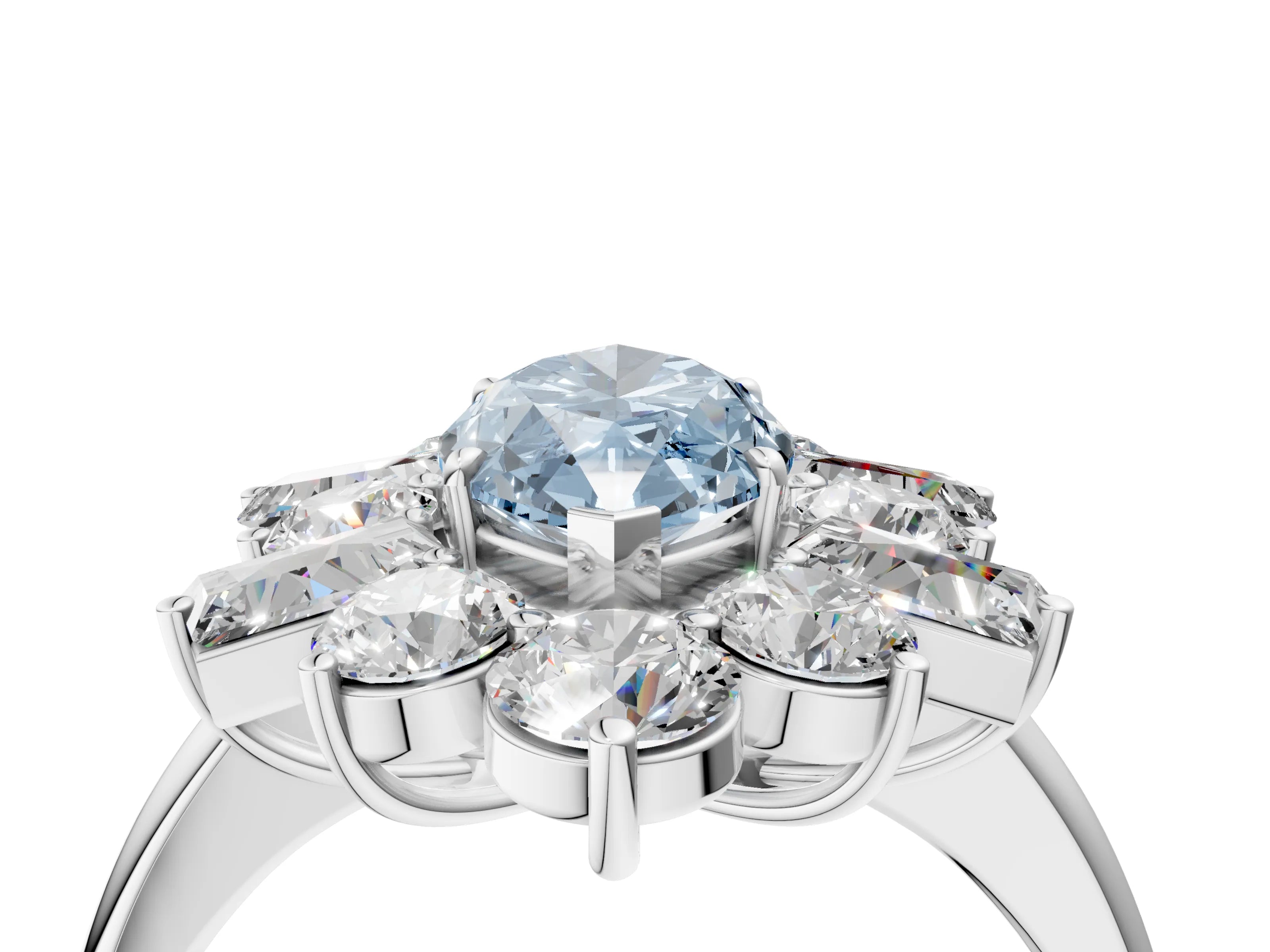 White gold Fancy Blue Marquise Cut Diamond Cluster Ring with Round and Baguette Stones, Split Shank Band, Prong Setting_4