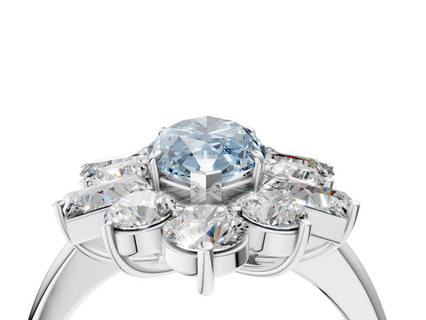 White gold Fancy Blue Marquise Cut Diamond Cluster Ring with Round and Baguette Stones, Split Shank Band, Prong Setting_4