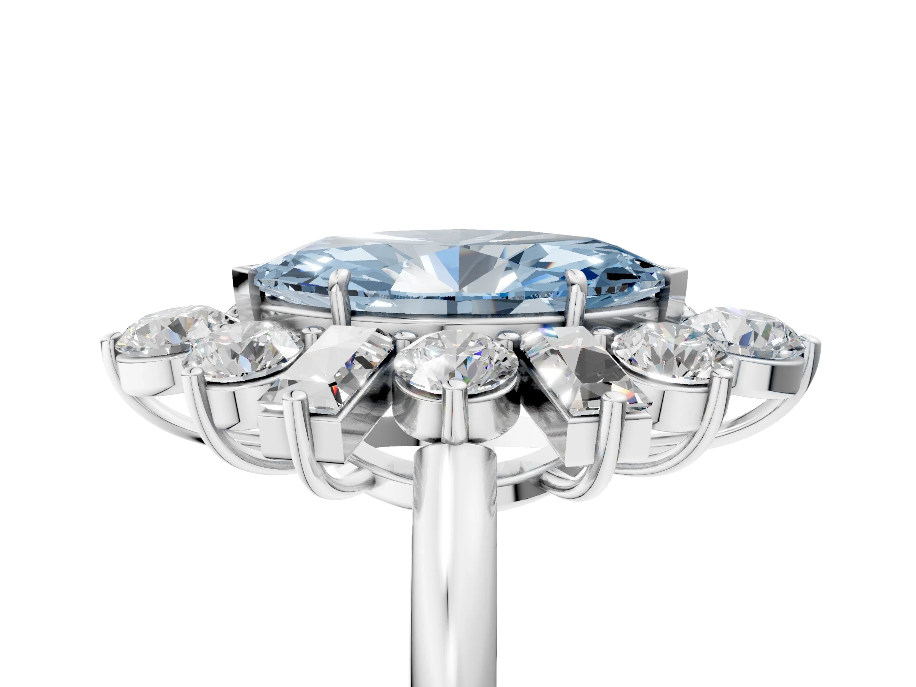 White gold Fancy Blue Marquise Cut Diamond Cluster Ring with Round and Baguette Stones, Split Shank Band, Prong Setting_5
