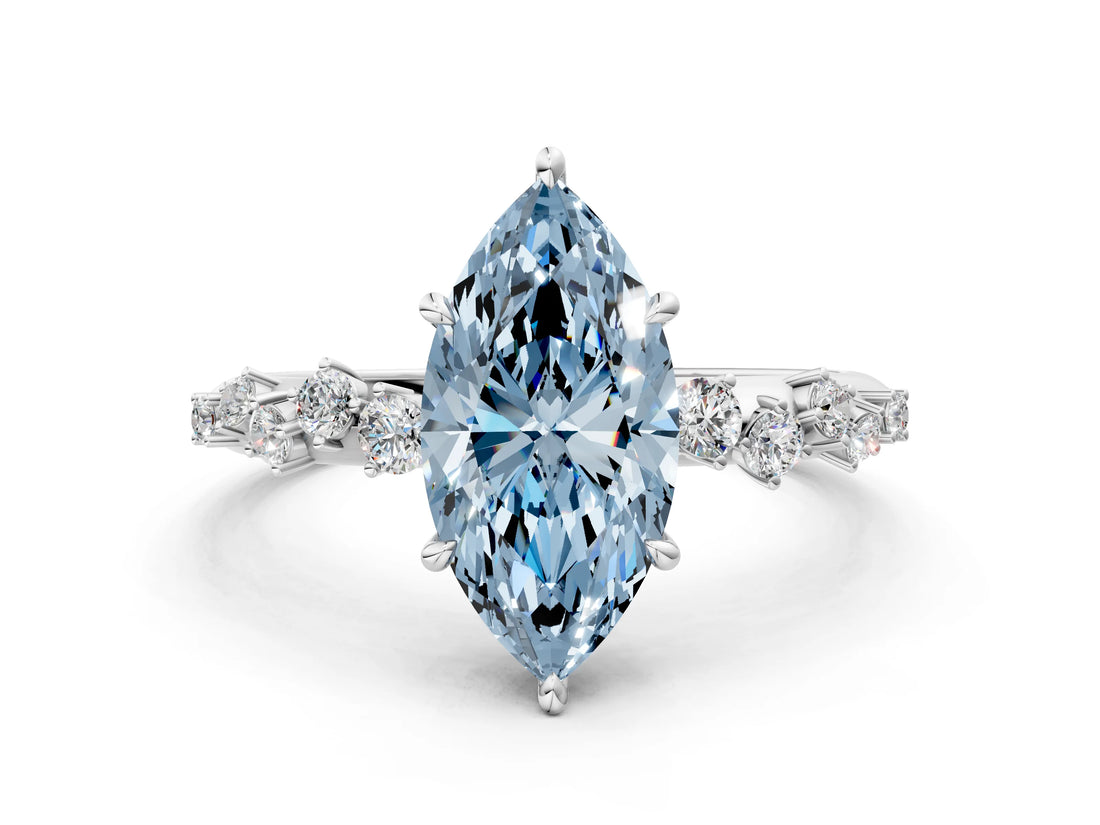 White gold Fancy Blue Marquise Cut Diamond Cluster Side Stone Solitaire Ring with Prong Setting_78