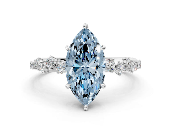White gold Fancy Blue Marquise Cut Diamond Cluster Side Stone Solitaire Ring with Prong Setting