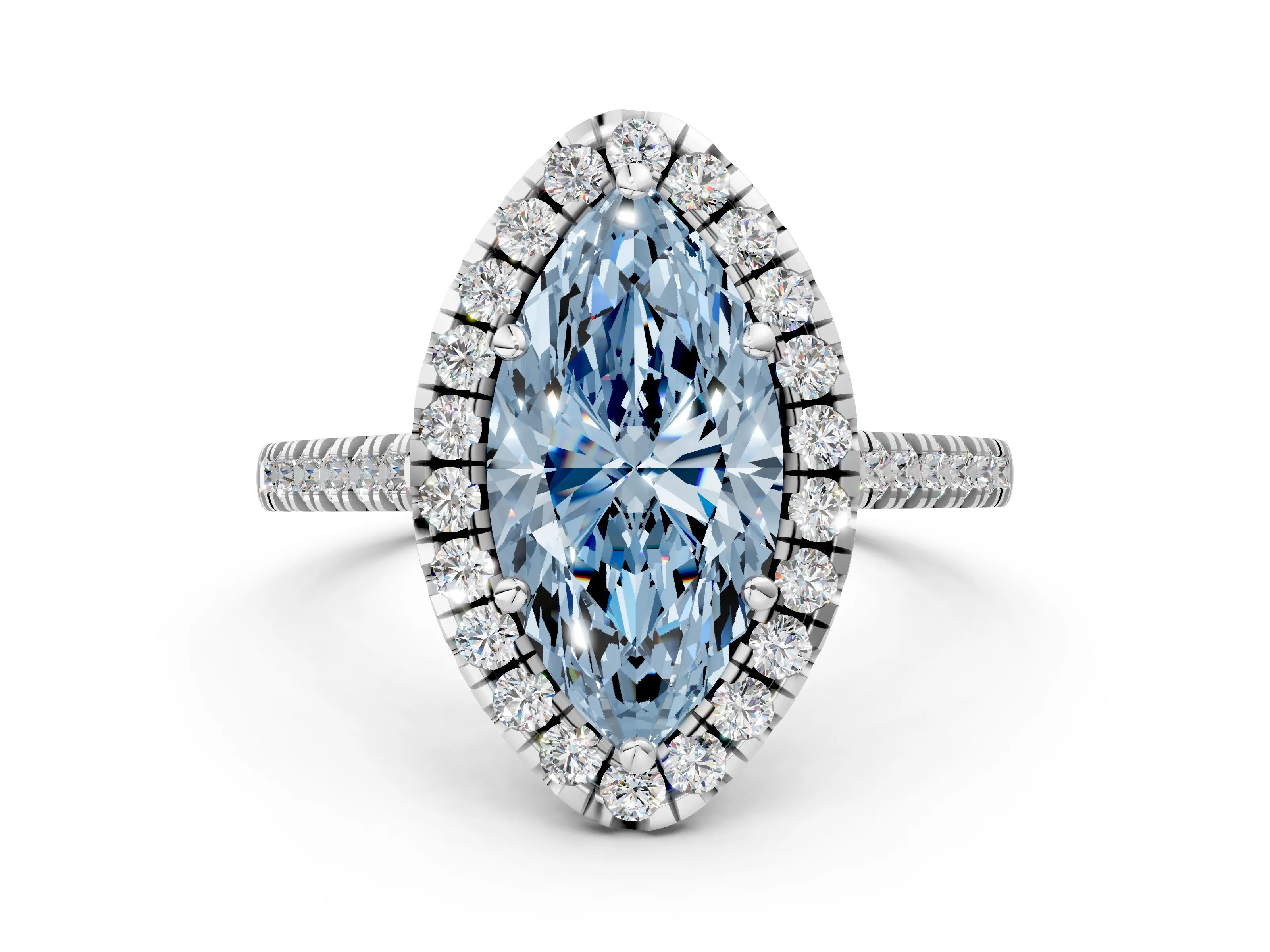 White gold Fancy Blue Marquise Cut Diamond Cushion Halo Ring with Pavé Band_12