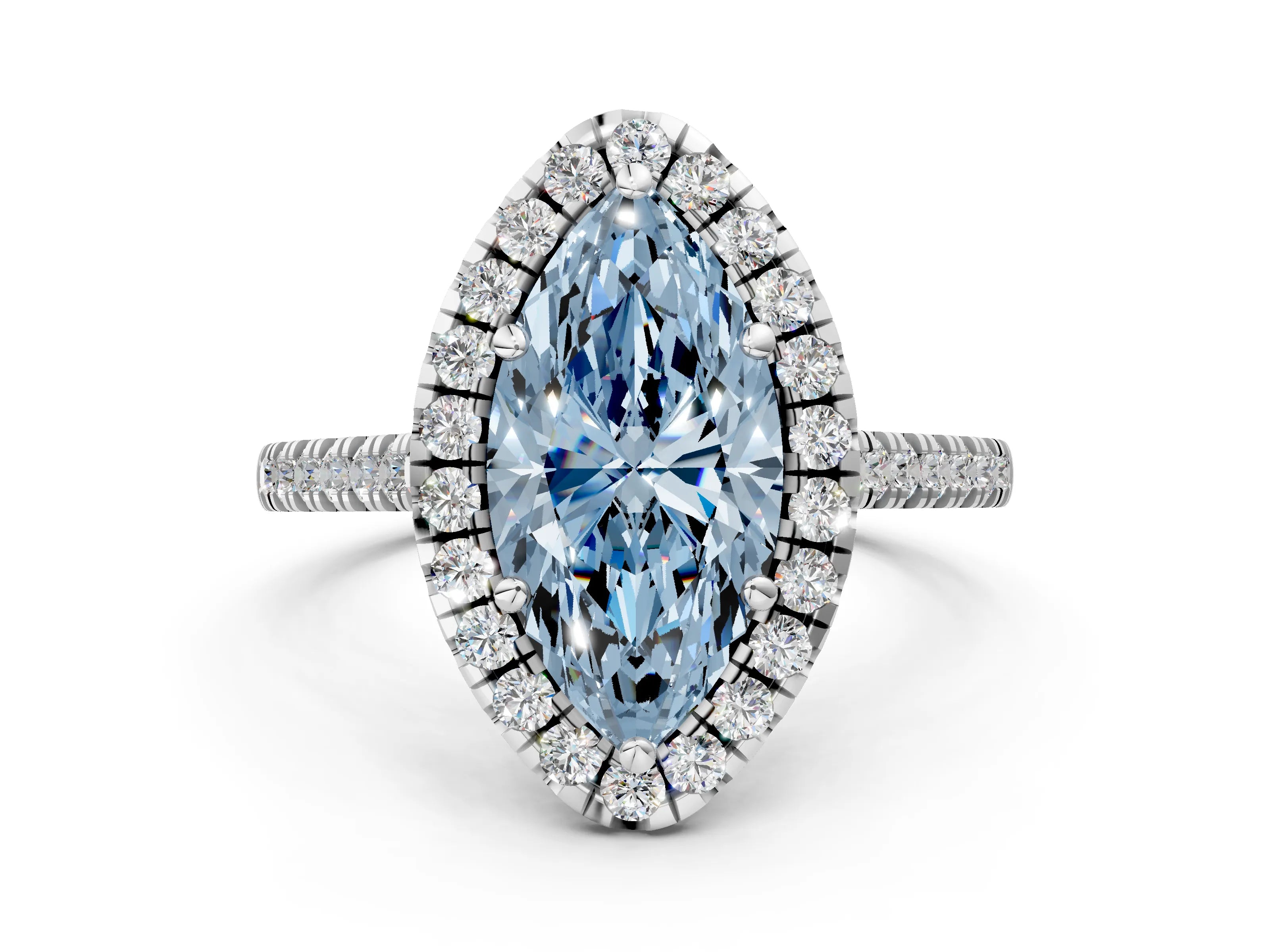 White gold Fancy Blue Marquise Cut Diamond Cushion Halo Ring with Pavé Band_21