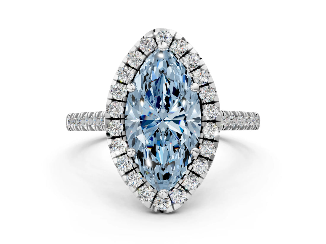 White gold Fancy Blue Marquise Cut Diamond Cushion Halo Ring with Pavé Band_24
