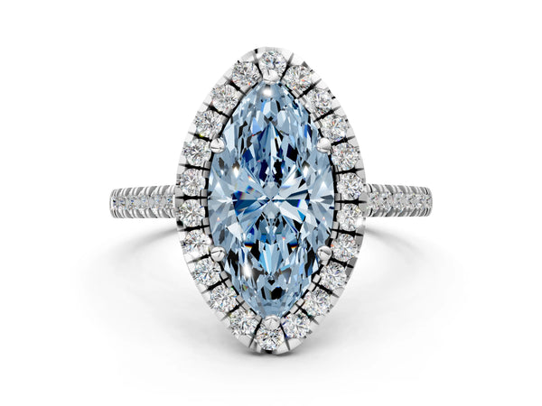 Platinum Fancy Blue Marquise Cut Diamond Cushion Halo Ring with Pavé Band