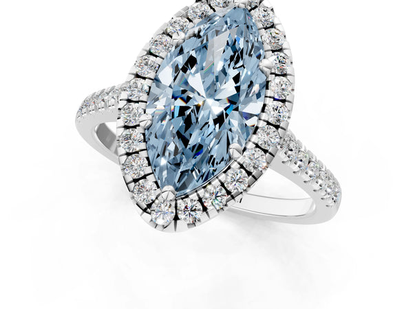 Platinum Fancy Blue Marquise Cut Diamond Cushion Halo Ring with Pavé Band