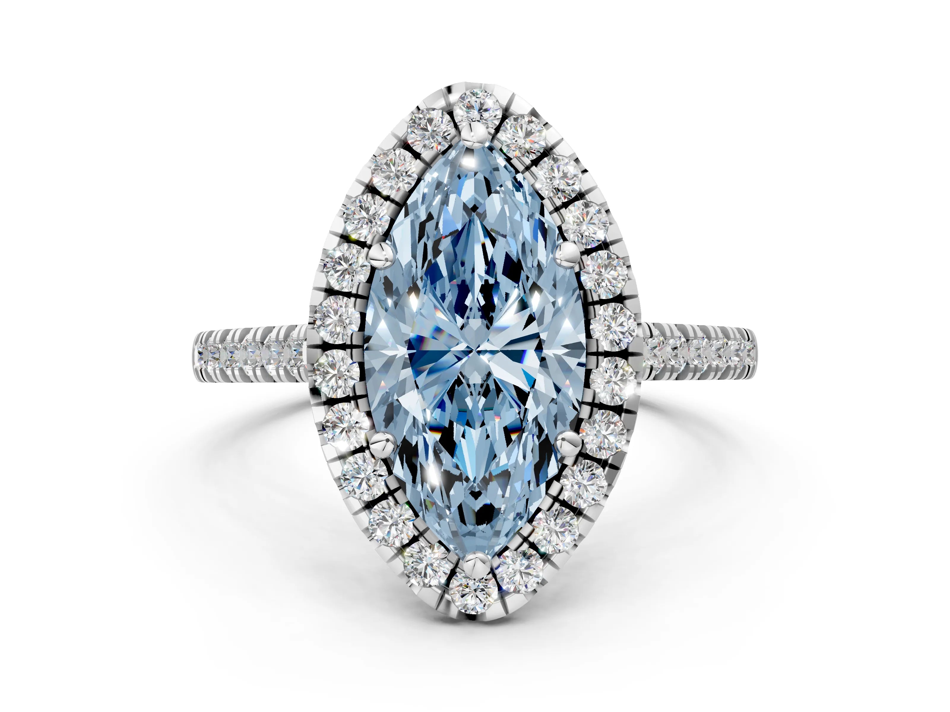 White gold Fancy Blue Marquise Cut Diamond Cushion Halo Ring with Pavé Band