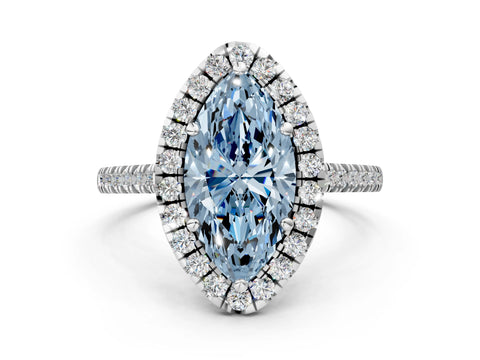 White gold Fancy Blue Marquise Cut Diamond Cushion Halo Ring with Pavé Band
