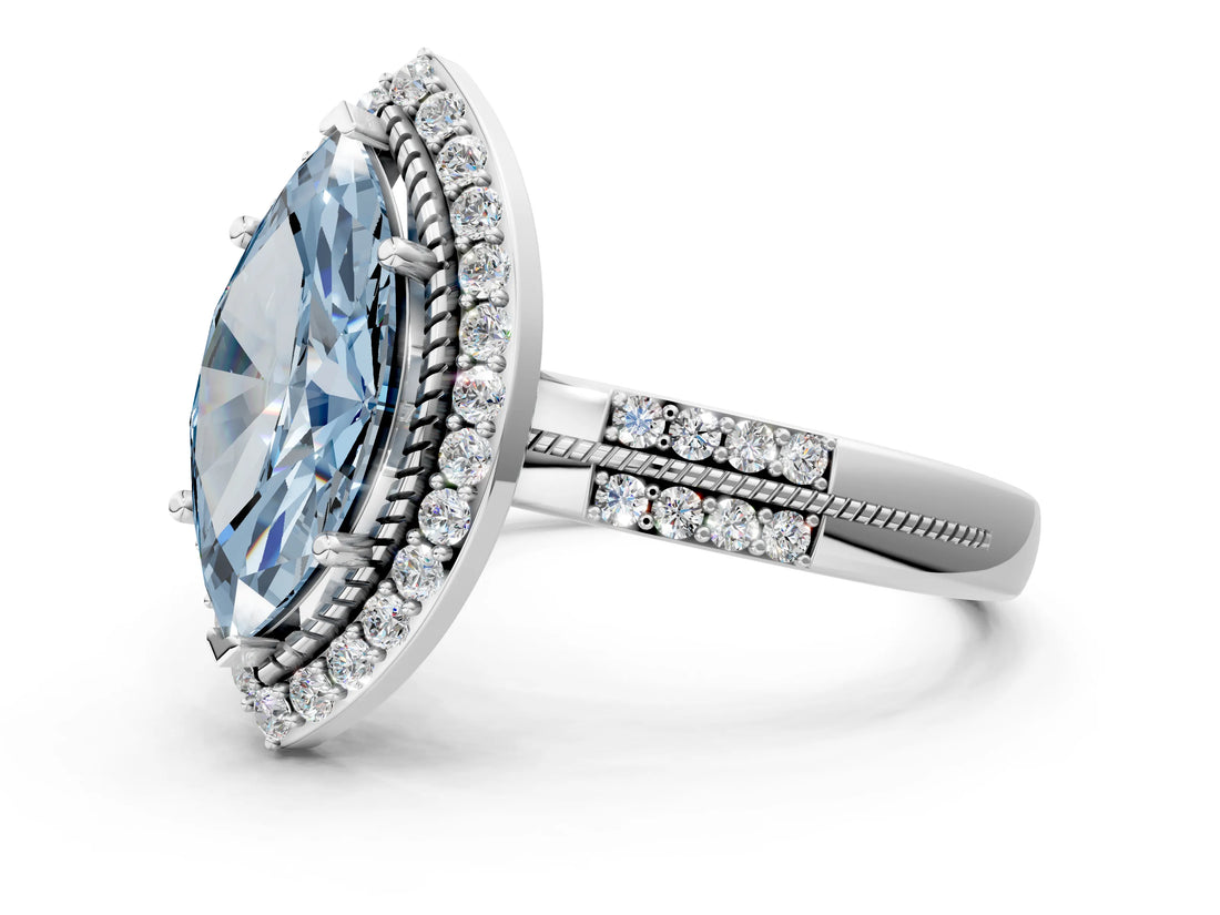 White gold Fancy Blue Marquise Cut Diamond Double Halo Ring with Split Shank and Four-Prong Setting