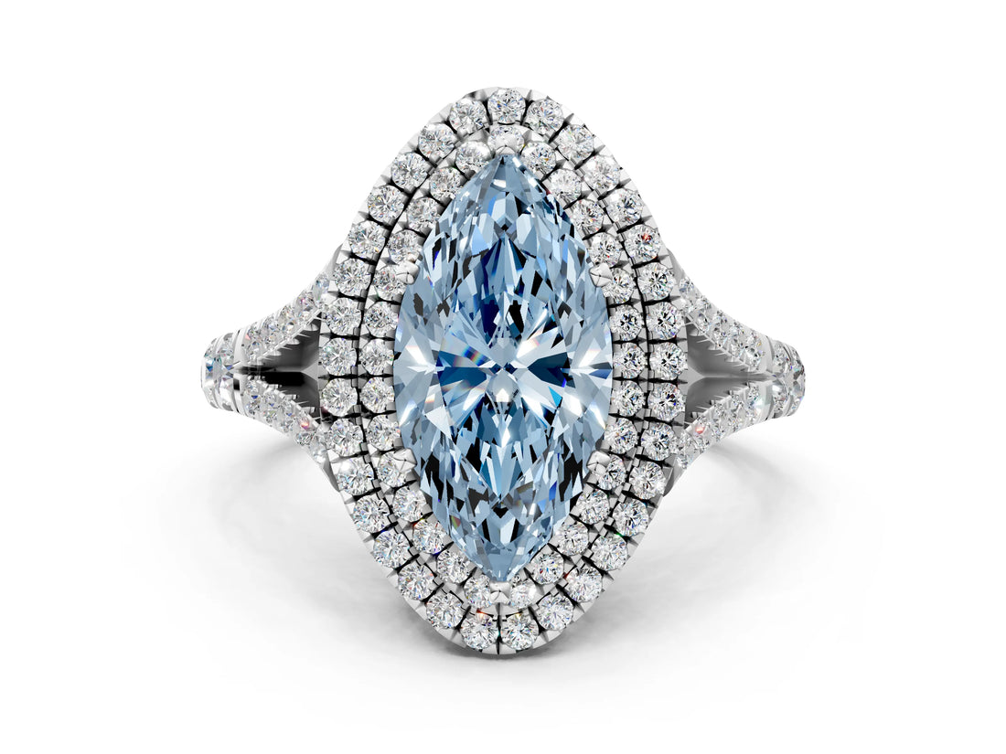 White gold Fancy Blue Marquise Cut Diamond Double Halo Ring with Split Shank and Prong Setting_27