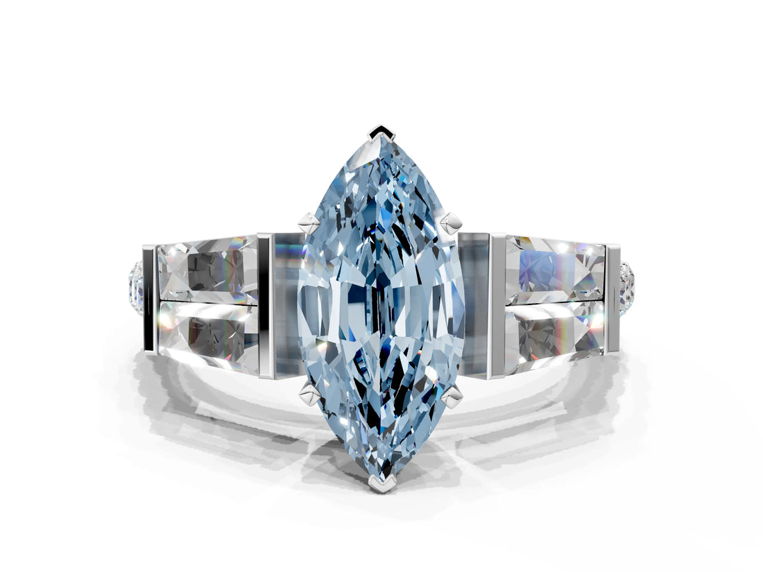 White gold Fancy Blue Marquise Cut Diamond Engagement Ring with Baguette Side Stones and Channel Set Band_32