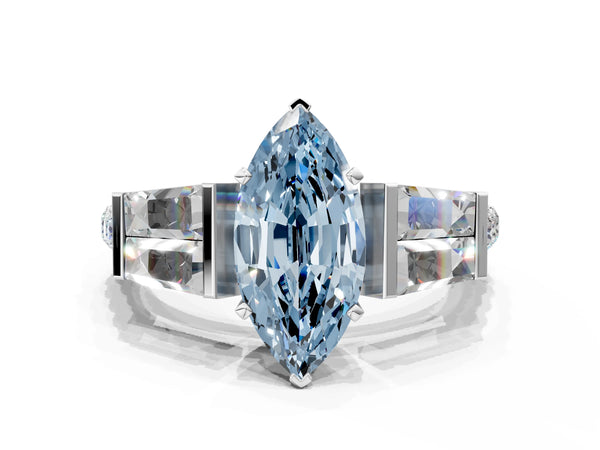 Platinum Fancy Blue Marquise Cut Diamond Engagement Ring with Baguette Side Stones and Channel Set Band
