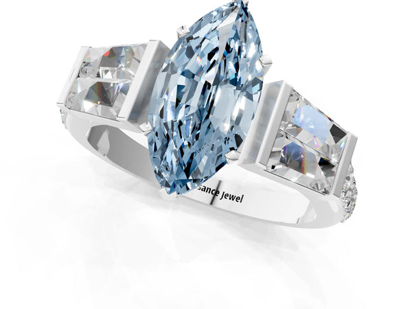 Platinum Fancy Blue Marquise Cut Diamond Engagement Ring with Baguette Side Stones and Channel Set Band