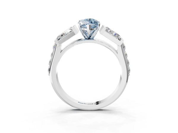 Platinum Fancy Blue Marquise Cut Diamond Engagement Ring with Baguette Side Stones and Channel Set Band