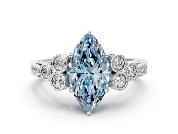 White gold Fancy Blue Marquise  Cut Diamond Engagement Ring with Bezel Set Round Side Stones and Prong Setting