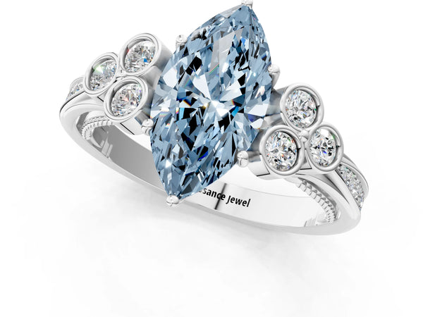 White gold Fancy Blue Marquise  Cut Diamond Engagement Ring with Bezel Set Round Side Stones and Prong Setting