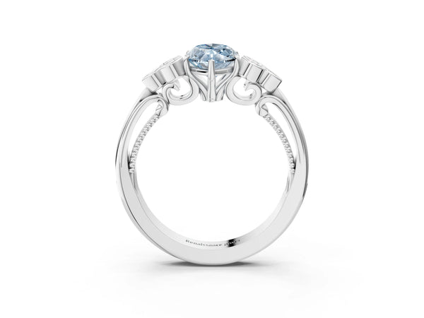 White gold Fancy Blue Marquise  Cut Diamond Engagement Ring with Bezel Set Round Side Stones and Prong Setting