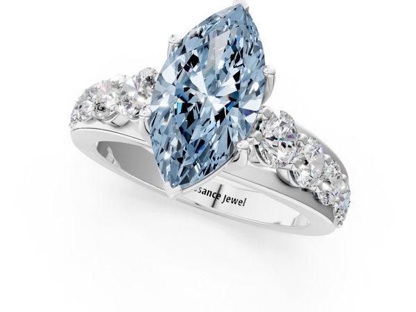 White gold Fancy Blue Marquise Cut Diamond Engagement Ring with Pavé Band and Four-Prong Setting