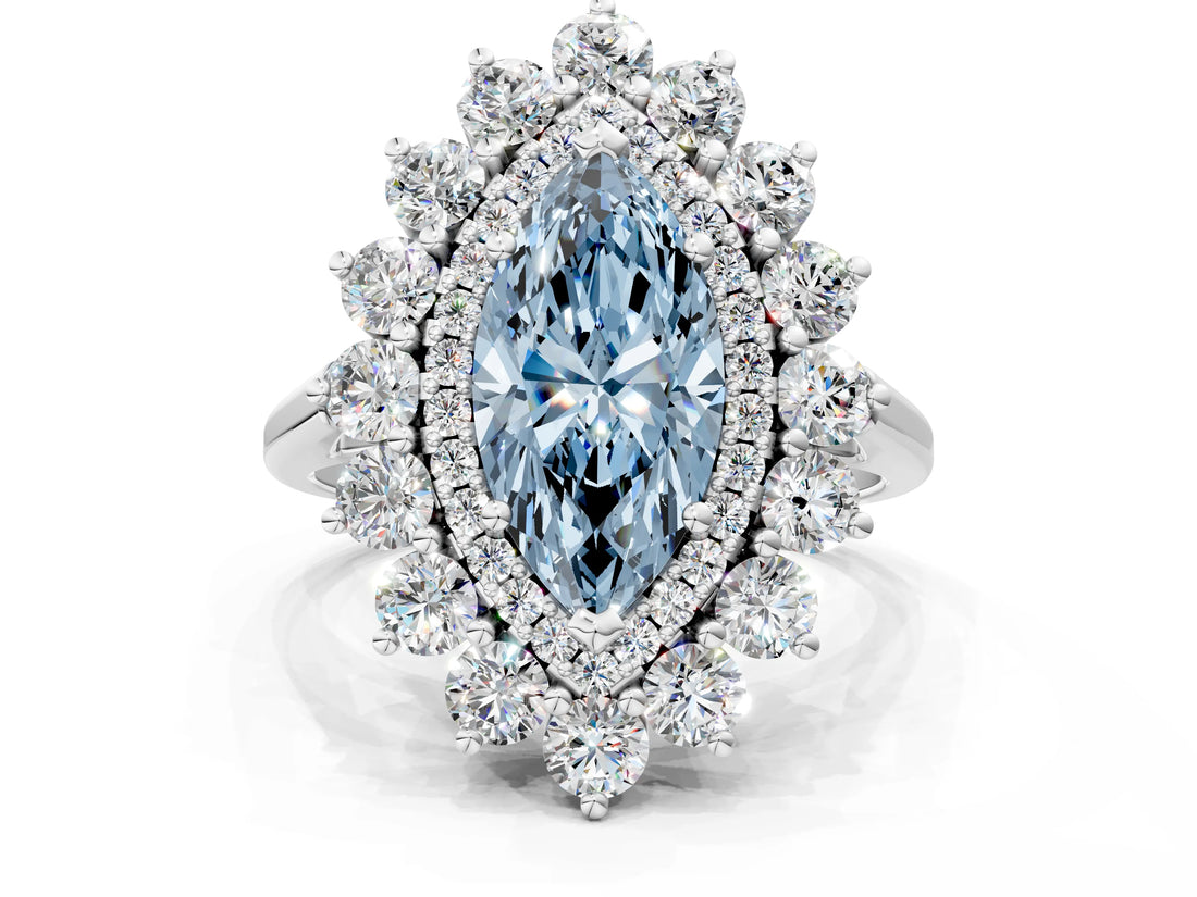 White gold Fancy Blue Marquise Cut Diamond Floral Double Halo Engagement Ring with Prong Setting_37