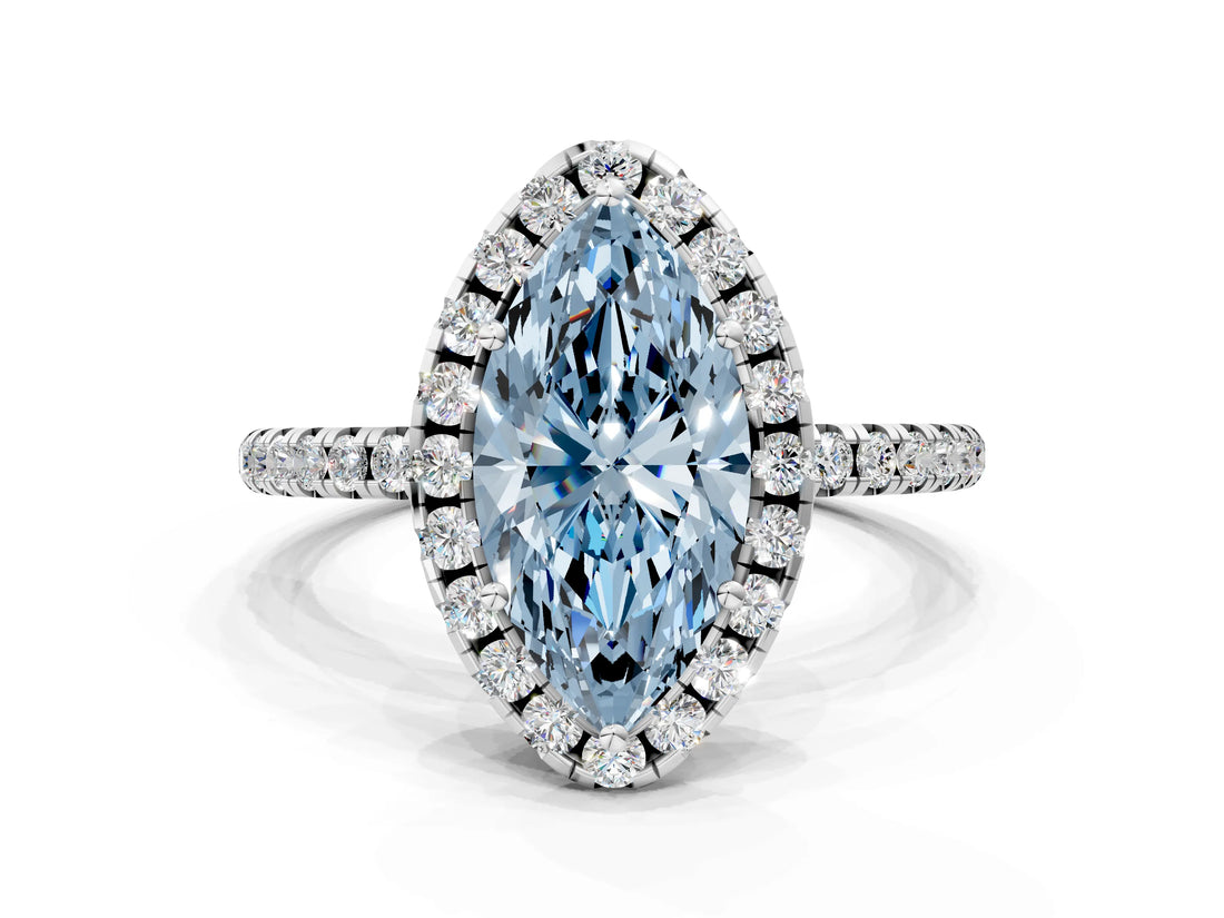 White gold Fancy Blue Marquise  Cut Diamond Floral Halo Engagement Ring with Pavé Band and Prong Setting_49