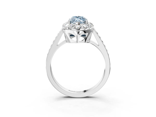 White gold Fancy Blue Marquise Cut Diamond Floral Halo Ring with Pavé Band and Prong Setting