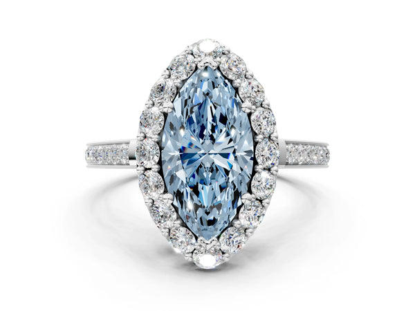 White gold Fancy Blue Marquise Cut Diamond Floral Halo Ring with Pavé Band and Prong Setting