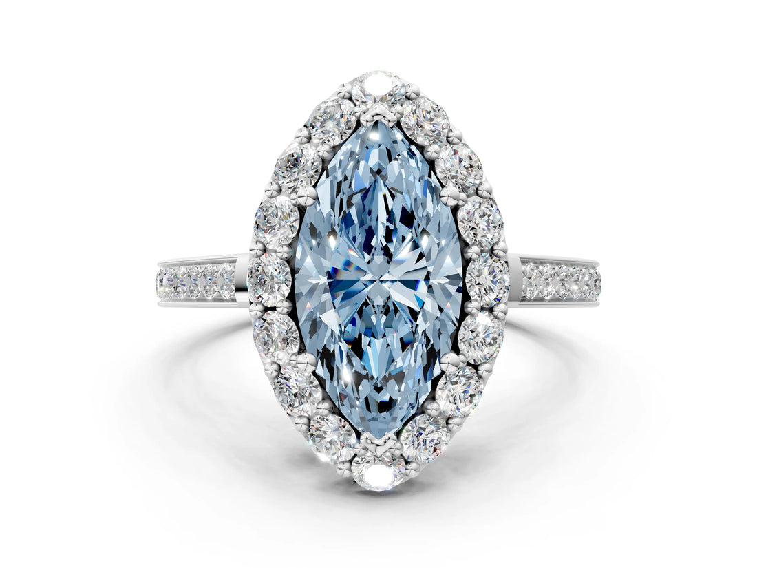 White gold Fancy Blue Marquise Cut Diamond Floral Halo Ring with Pavé Band and Prong Setting_7