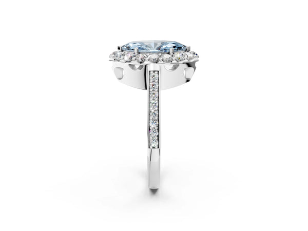 White gold Fancy Blue Marquise Cut Diamond Floral Halo Ring with Pavé Band and Prong Setting