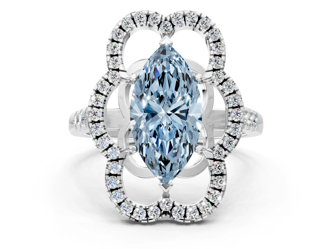 White gold Fancy Blue Marquise Cut Diamond Floral Halo Split Shank Prong Setting Ring_12