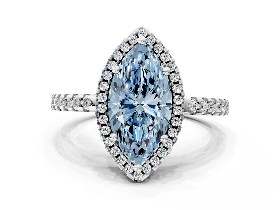 White gold Fancy Blue Marquise Cut Diamond Halo Engagement Ring with Pavé Band and Prong Setting_39
