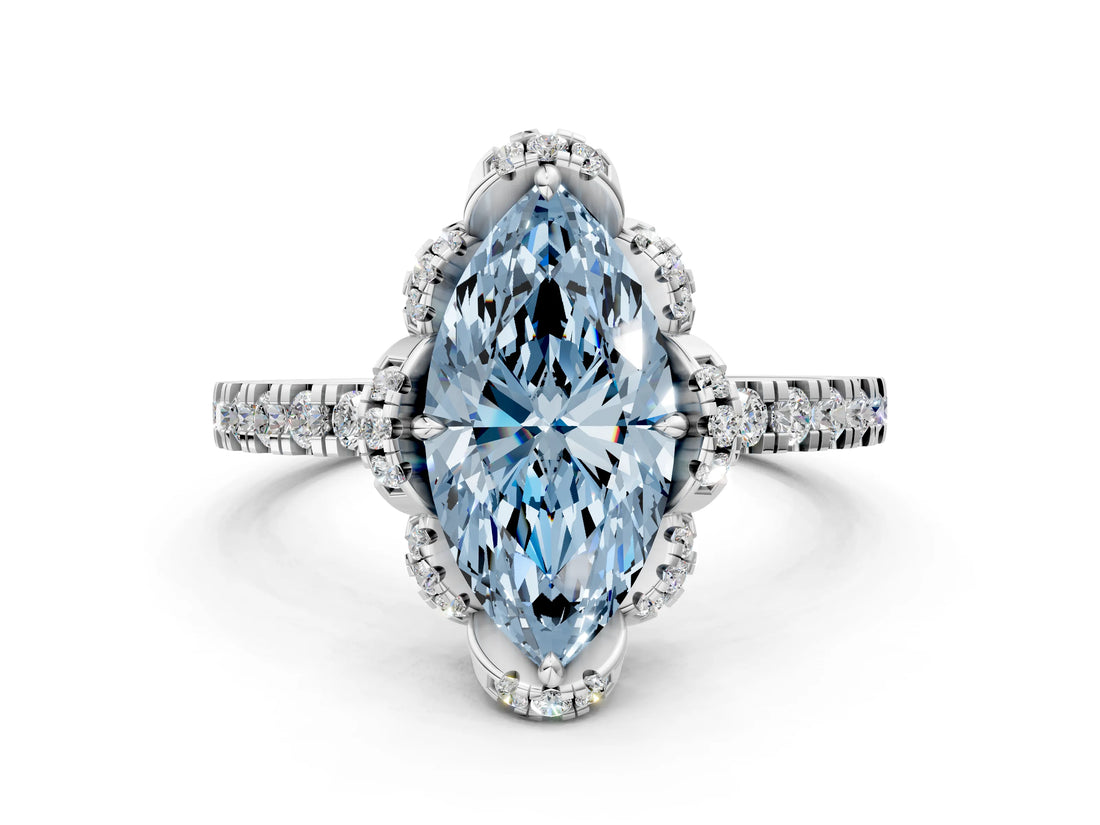 White gold Fancy Blue Marquise Cut Diamond Halo Pave Band with Four-Prong Setting_3