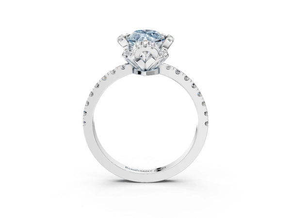 Platinum Fancy Blue Marquise Cut Diamond Halo Pave Band with Four-Prong Setting