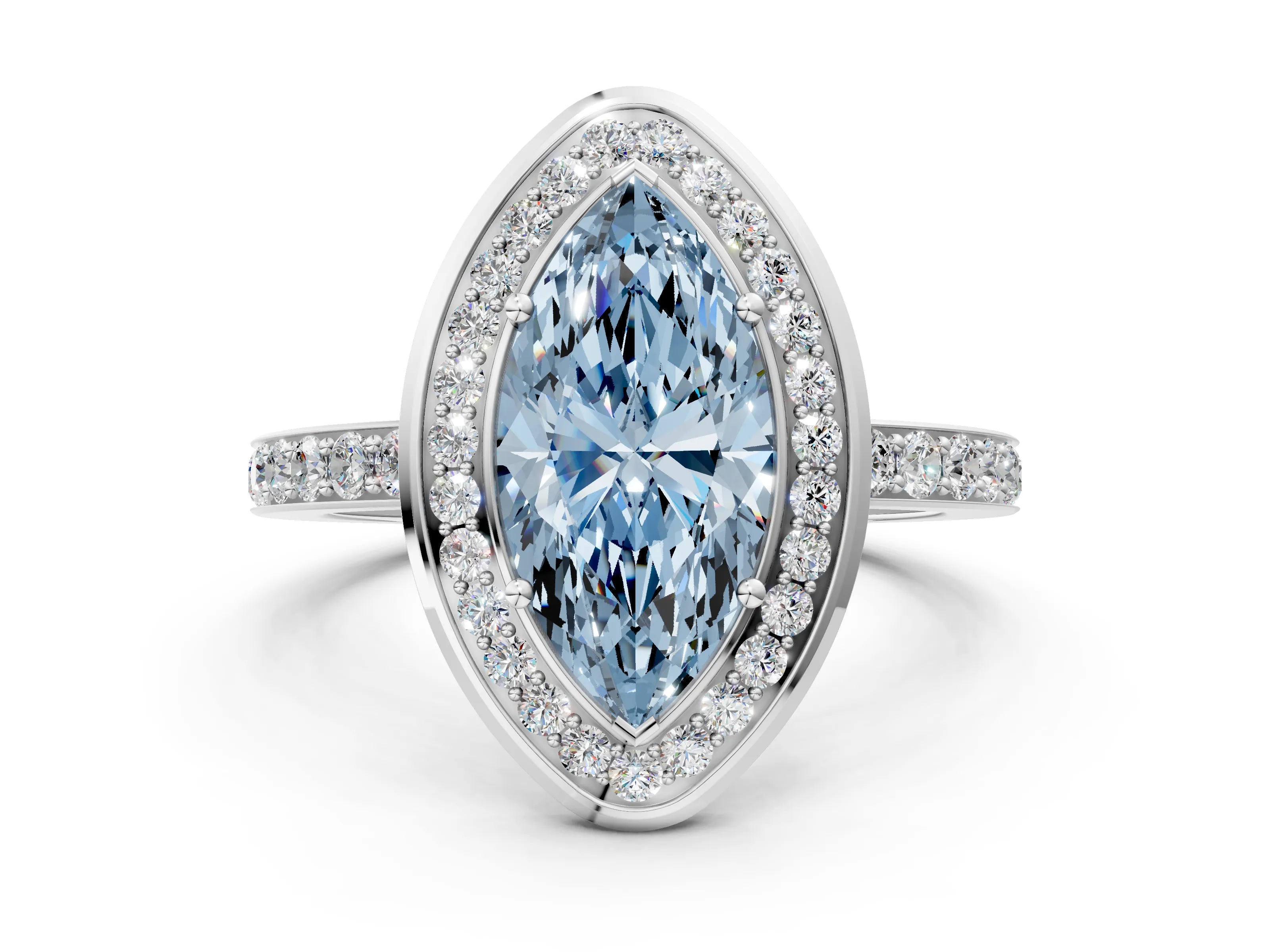 White gold Fancy Blue Marquise Cut Diamond Halo Ring with Bezel Frame and Pavé Band