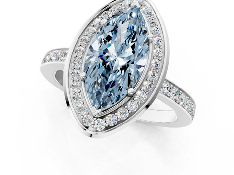 White gold Fancy Blue Marquise Cut Diamond Halo Ring with Bezel Frame and Pavé Band_1
