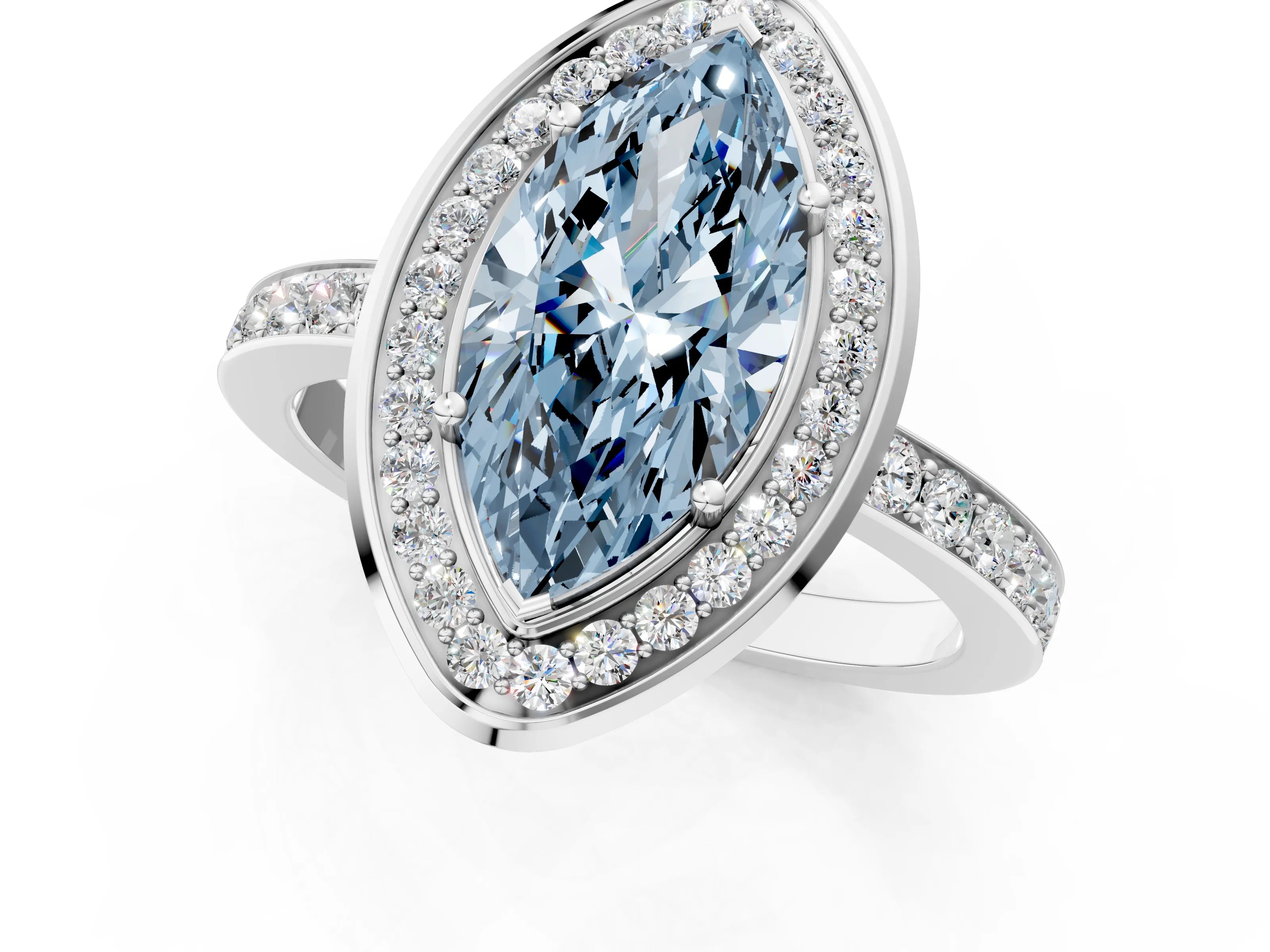 White gold Fancy Blue Marquise Cut Diamond Halo Ring with Bezel Frame and Pavé Band_1