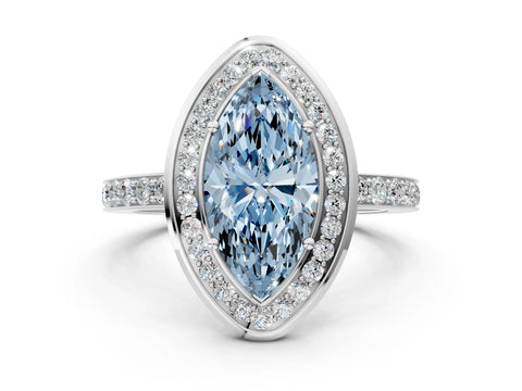 White gold Fancy Blue Marquise Cut Diamond Halo Ring with Bezel Frame and Pavé Band