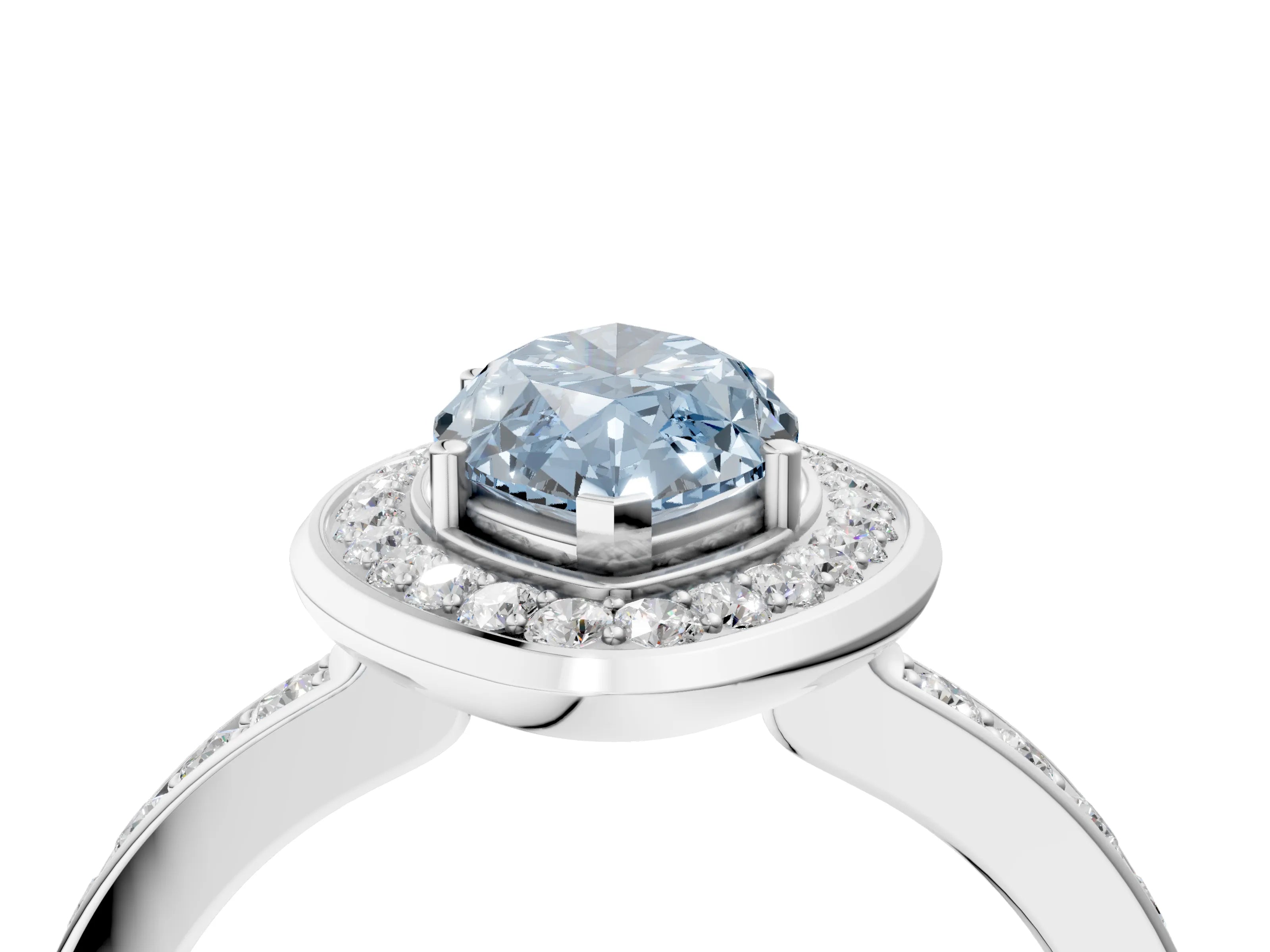White gold Fancy Blue Marquise Cut Diamond Halo Ring with Bezel Frame and Pavé Band_4