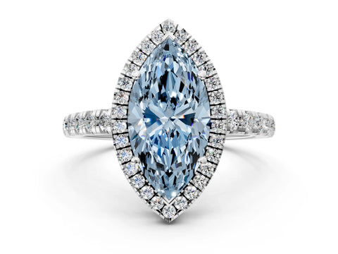 White gold Fancy Blue Marquise Cut Diamond Halo Ring with Pavé Band and Four-Prong Setting_12