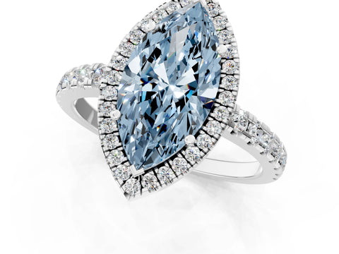 White gold Fancy Blue Marquise Cut Diamond Halo Ring with Pavé Band and Four-Prong Setting_13