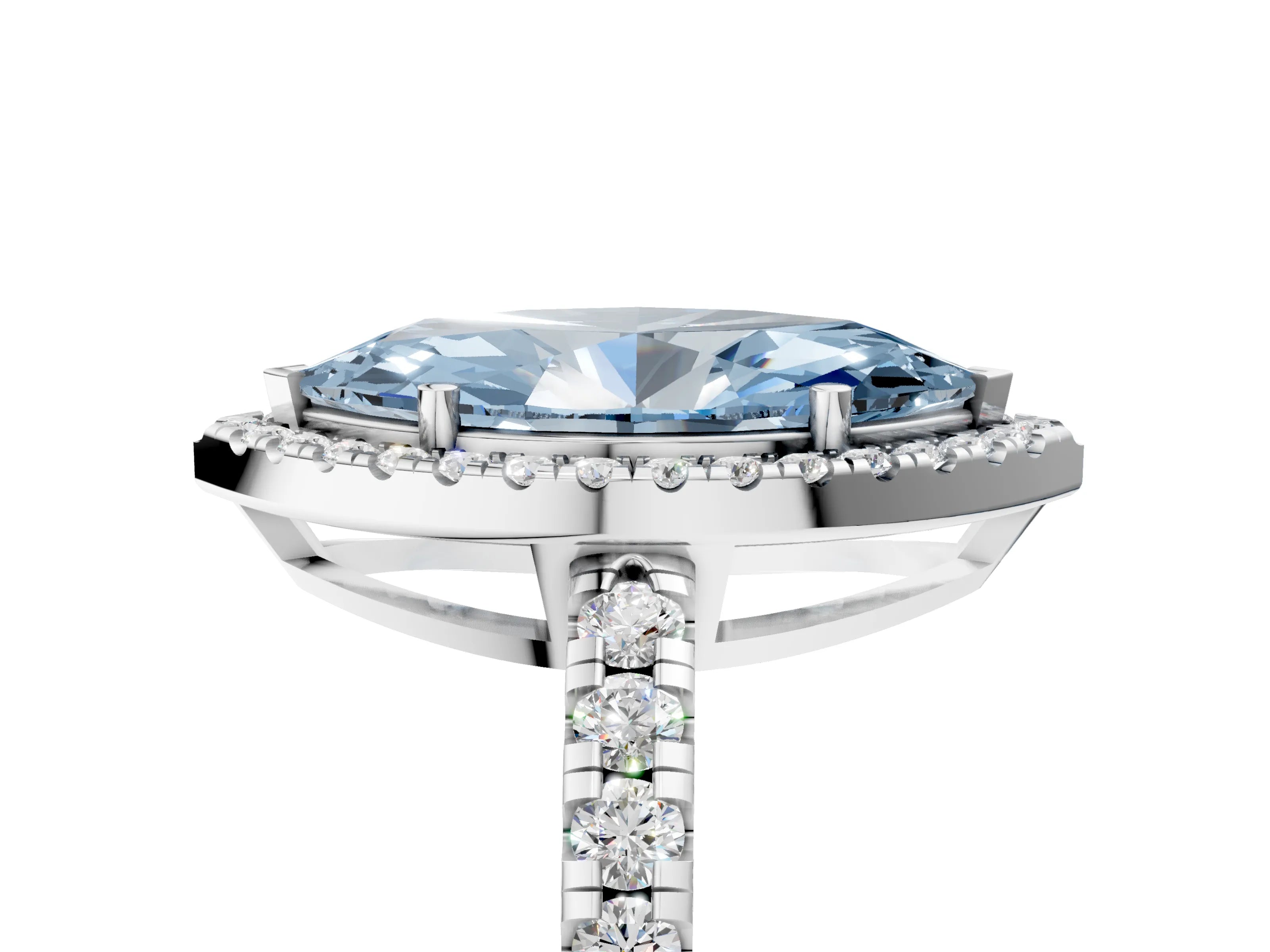 White gold Fancy Blue Marquise Cut Diamond Halo Ring with Pavé Band and Four-Prong Setting_17