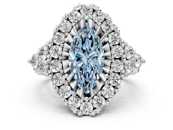 White gold Fancy Blue Marquise Cut Diamond Halo Ring with Pavé Band and Four-Prong Setting