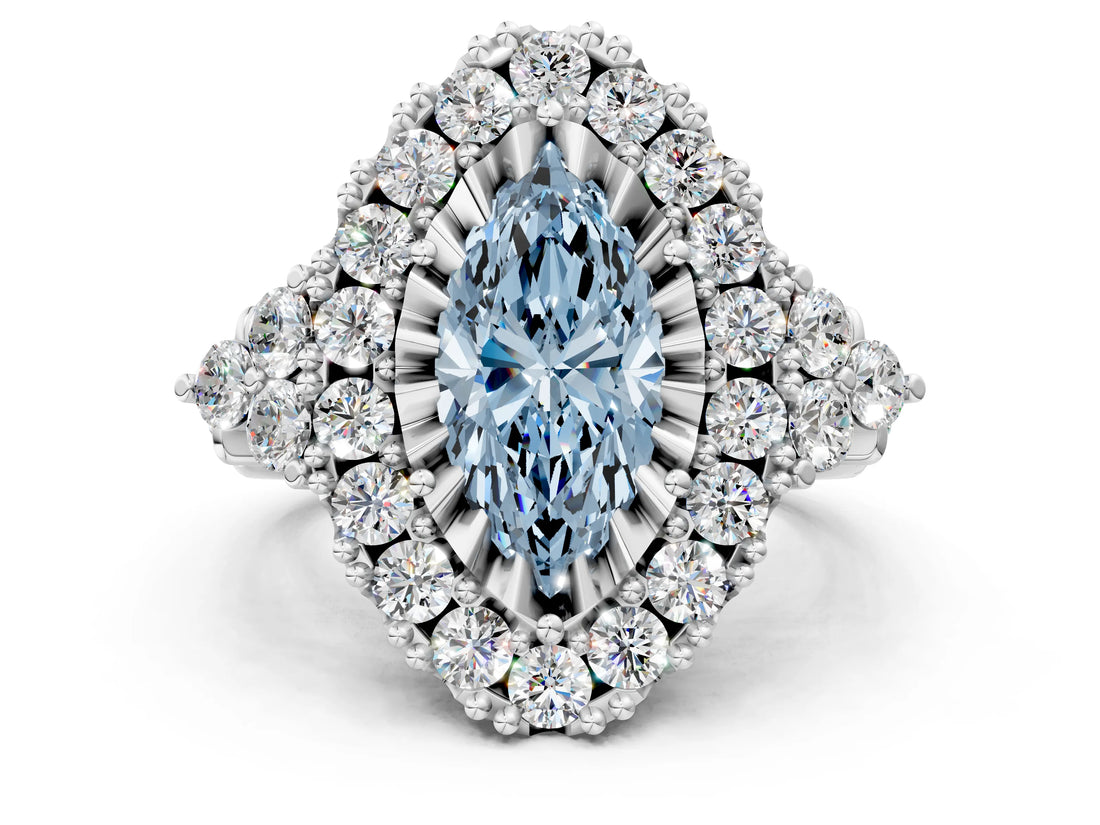 White gold Fancy Blue Marquise Cut Diamond Halo Ring with Pavé Band and Four-Prong Setting_53