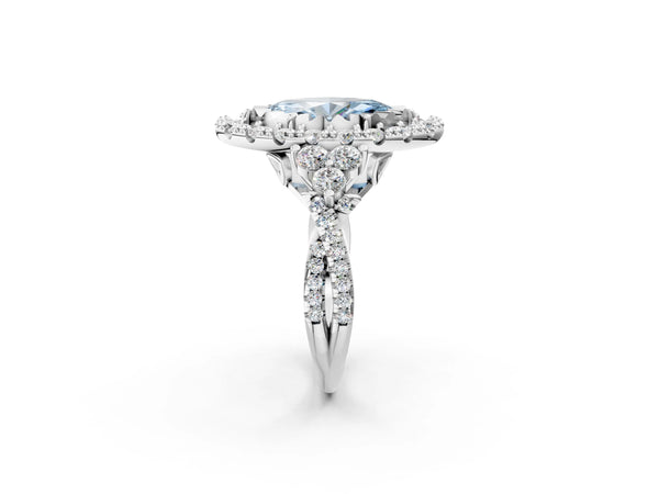 White gold Fancy Blue Marquise Cut Diamond Halo Ring with Pavé Band and Four-Prong Setting