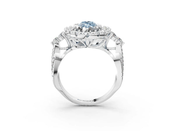 White gold Fancy Blue Marquise Cut Diamond Halo Ring with Pavé Band and Four-Prong Setting