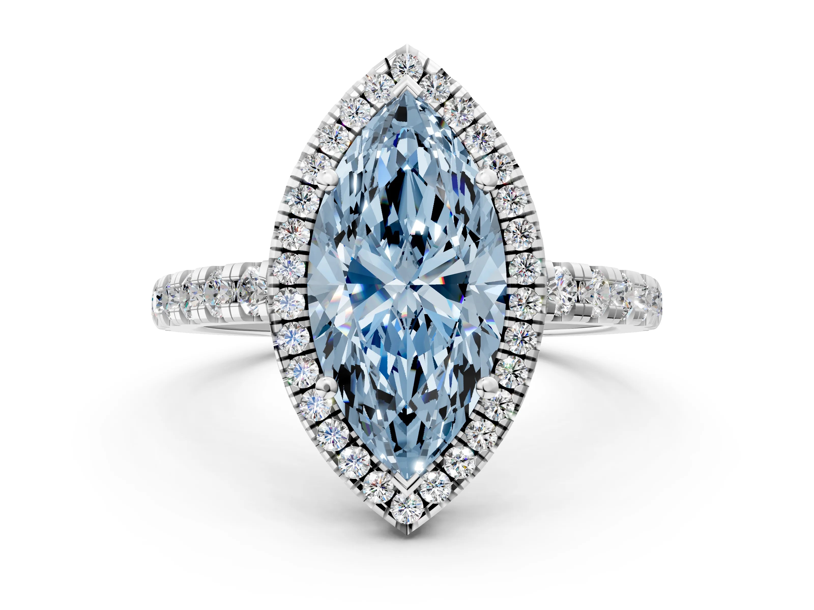 White gold Fancy Blue Marquise Cut Diamond Halo Ring with Pavé Band and Four-Prong Setting